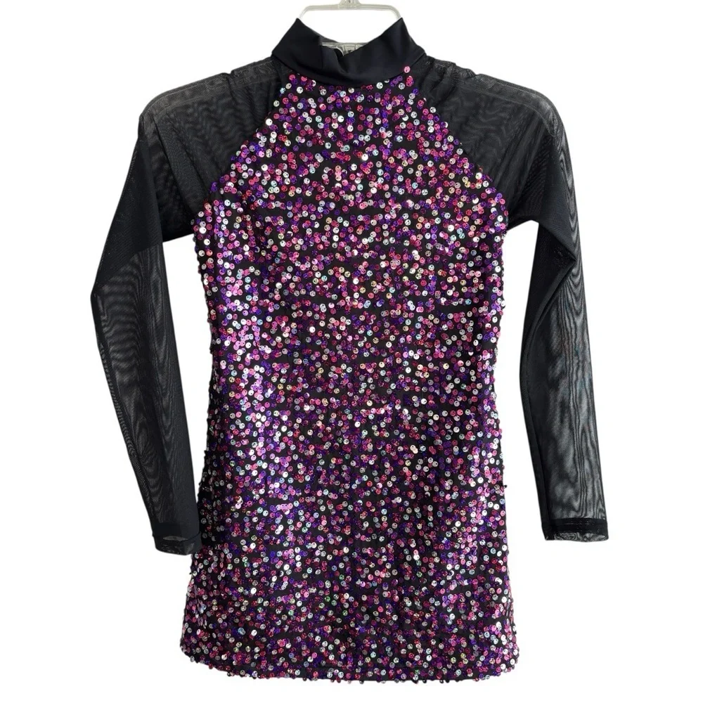 Balera Dance Skating Dress Costume size LC Black Colorful Confetti Sequin Mesh